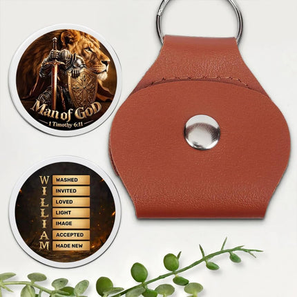 Man Of God Personalized Pocket Hug with Name in Bible Verse, Custom Christian Inspirational Coin Token with Leather Holder Keychain, Fathers Day Religious Faith Affirmation Gift for Dad, Husband (1)