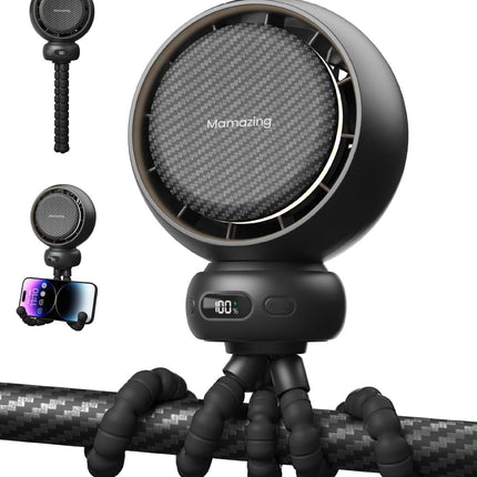 MAMAZING Mini Portable Stroller Fan, LED Display, 70° Auto-Oscillating Clip on Fan, 5 Speed Circulating Mode Included, Music & Night Light, 5000mAh USB-C Rechargeable Fan for Travel, Stroller, Car