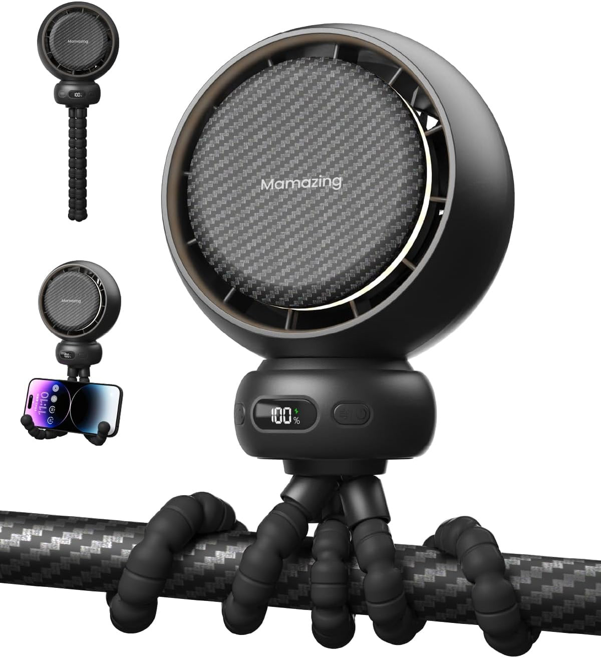 Portable Stroller Fan with 5 Speeds, 70° Oscillation, USB-C Rechargeable Battery, LED Display & Soothing Songs