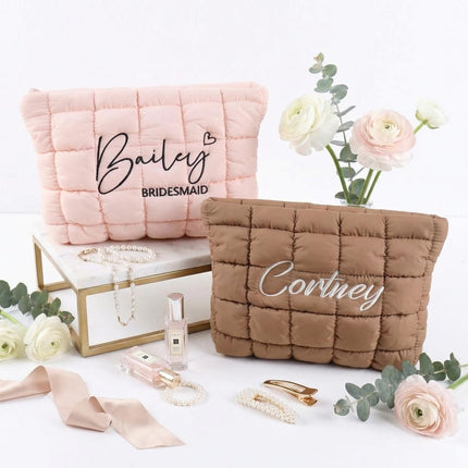 Custom Quilted Makeup Bag for Women Girls, Personalized Embroidered Cosmetic Bags, Customized Travel Pouch Toiletry Organizer for Wedding , Bridesmaid, Bachelorette, Birthday, Morther's Day Gift