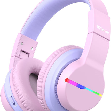 iClever BTH12 Kids Bluetooth Headphones,Colorful LED Lights,74/85dBA Safe Volume,85H Playtime,Bluetooth 5.2,Over Ear Headphones Built-in Mic for iPad/Tablet/Airplane,Blossom Pink