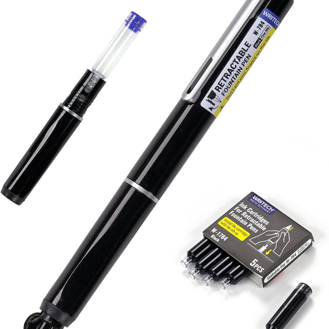 Retractable Fountain Pen Set: Fine Nib Black Ink Pens Includes 5 Ink Cartridges Smooth Writing for Sketching Journaling