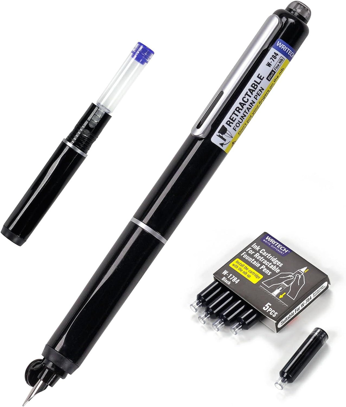 Retractable Fountain Pen Set: Fine Nib Black Ink Pens Includes 5 Ink Cartridges Smooth Writing for Sketching Journaling