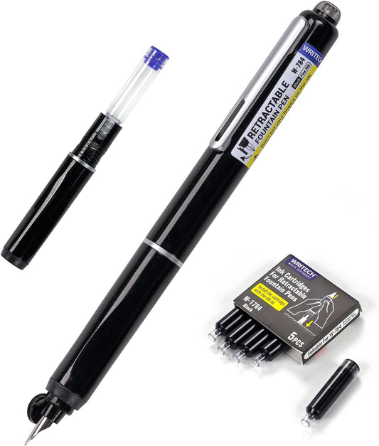 Retractable Fountain Pen Set: Fine Nib Black Ink Pens Includes 5 Ink Cartridges Smooth Writing for Sketching Journaling