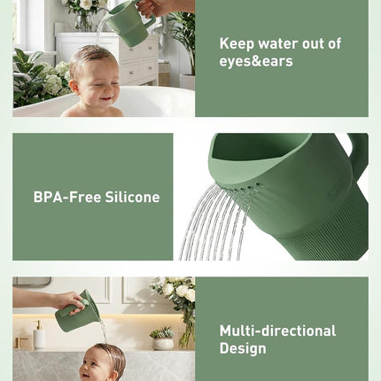 Roslim Silicone Baby Bath Rinse Cup - Shampoo & Body Washing Rinser for Kids & Toddlers, Lightweight Bath Cups for Rinsing Hair, Easy-Grip Handle, Ultra Soft Material (Olive Green)