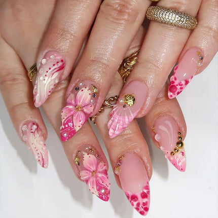 30Pcs Pink Flower Press on Nails Medium Almond French Tip Fake Nails 3D Flower with Gold Starfish Rhinestones Glitter Designs Spring Summer False Nails Cute Stick on Nails for Women Acrylic Manicure
