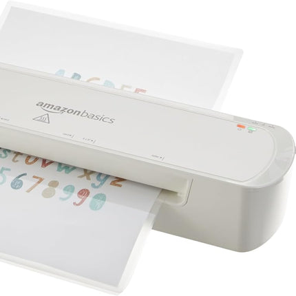 Amazon Basics 9-Inch Thermal Laminator Machine with Quick Warm-Up, 2 Heat Settings, Jam Release for Documents and Photos, White