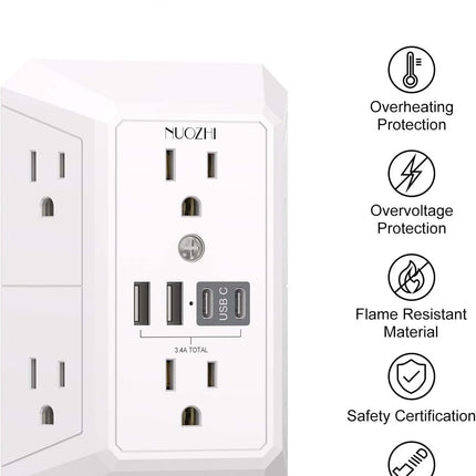 Outlet Extender Surge Protector - NUOZHI 6 Outlet Splitter with 4 USB Ports(2 USB-C), Multi Plug Wall Outlet 1680J Power Strip for Home Office Dorm Room Essentials, ETL, White