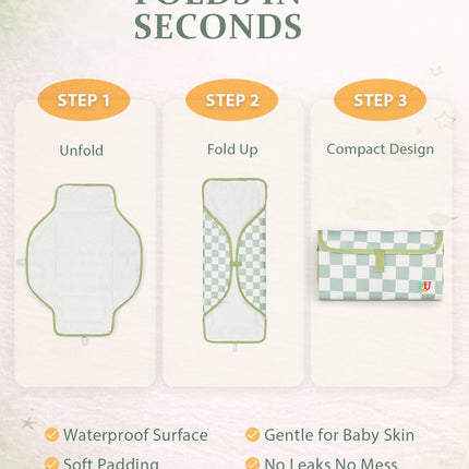 PZU Portable Diaper Changing Pad - Waterproof Travel Changing Mat with Built-in Pillow, Gifts for Baby Shower, Newborn Girls & Boys（Sage Checkers）