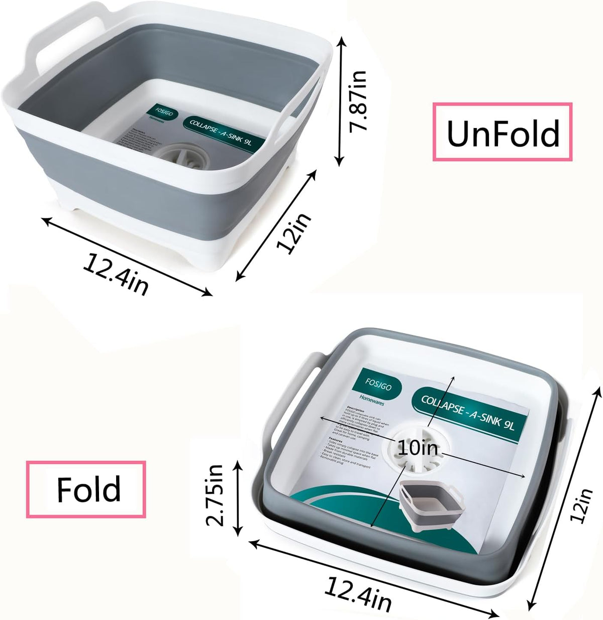 Collapsible Dish Basin with Drain Plug, 2.4 Gal(9L) Space Saving Multiuse Foldable Sink for Baby - photo 3