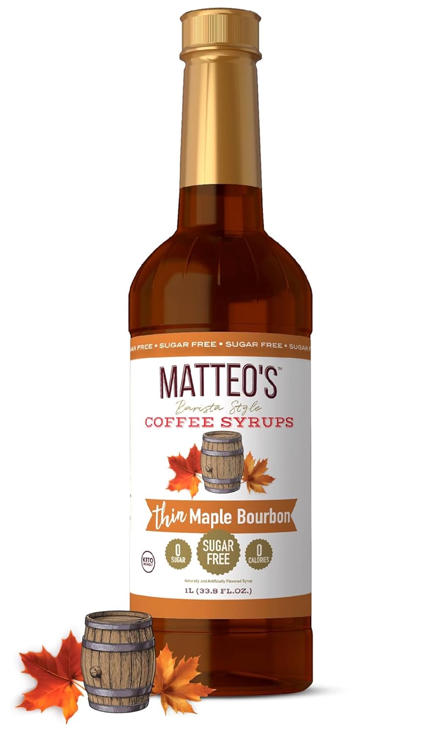Maple Bourbon Sugar-Free Coffee Syrup, Non-Alcoholic, 33.8 oz