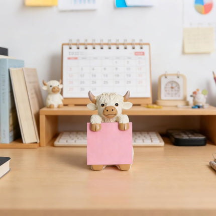 Highland Cow Pop-up Sticky Note Dispenser, Includes 1 Pad of 3x3 in Super Sticky Notes, 100 Sheets, Resin Cute Handmade Desk Holder for Office & Home-Beige