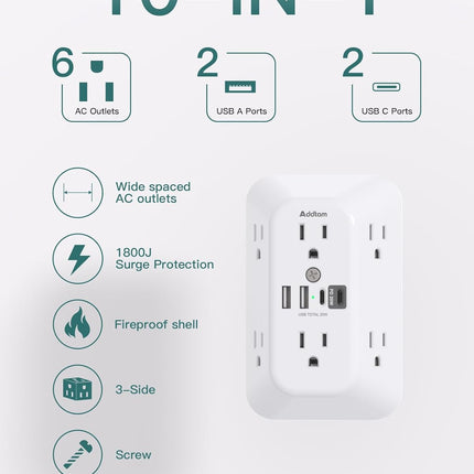 Addtam Surge Protector Outlet Extender, 6-Outlet Splitter with 4 USB Wall Charger(PD 20W), Multi Plug Wall Outlet 1800J Power Strip for Home Office Dorm Room Essentials, White