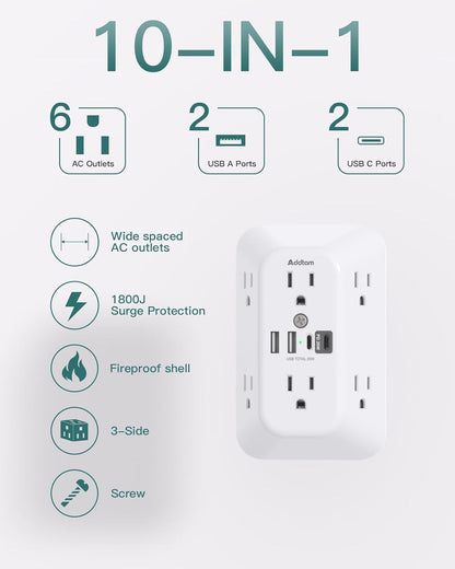 6-Outlet Extender Surge Protector with 4 USB Wall Charger Ports, 1800J - photo 2