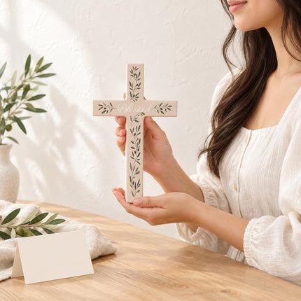 Wall Cross, Wooden Olive Branch Christian Wall Decor, Baptism Gift for Home