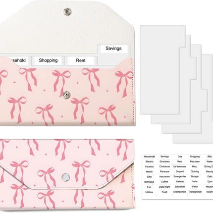 Cash Envelope Wallet, Reusable Budget Money Wallet, Cute PU Leather Money Saving Wallet with 4 Dividers & 1 Sheets Category Stickers Pink Ribbon Bows