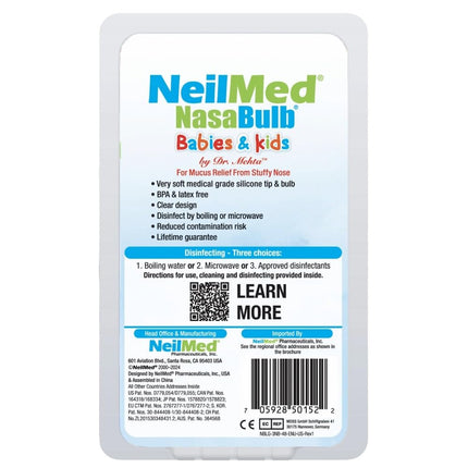 NeilMed NasaBulb Nasal Bulb Aspirator for Babies & Infants, Soft Silicone Tip, Clear Design, BPA & Latex Free, Sterilizable Large Size, 100 mL