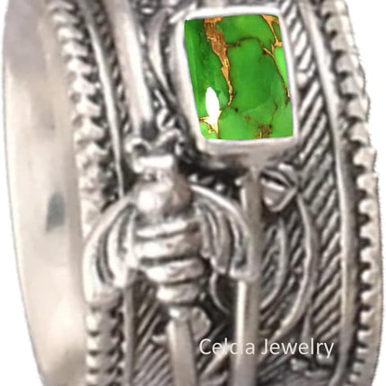 Solid 925 Sterling Silver Honey Bee Spinner Meditation Ring, Natural Abalone Shell Gemstone Ring
