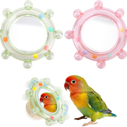 2pcs Bird Mirror Toy for Cage, Rotating Bird Cage Mirror with Rustling Balls Embedded Interactive Birdcage Pet Accessories for Parakeet Budgie Lovebird Canaries Conures Perch Cockatiels