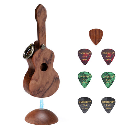 Wood Guitar Pick Holder with 1 Wood Pick and 6 Celluloid Picks