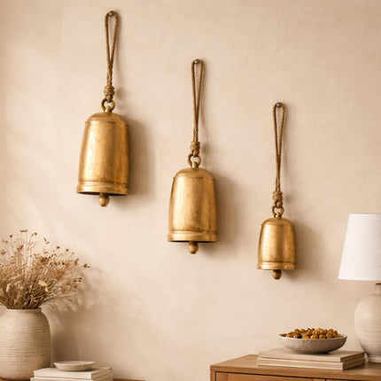 Metal Cow Bells, Meditation Bell, Set of 3, 10", 7", 5"H, Gold
