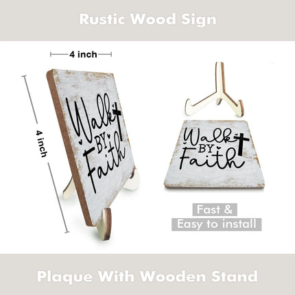 Motivational Sign Rustic Desk Decor Decorative Christian Gifts Religious Bible Verse Faith Decoration for Home Coffee Shop Office Table Shelf Tiered Tray Plaque with Wood Stand