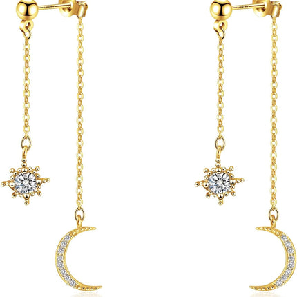 Moon and Star Dangle Earrings for Women Chain Tassel with Cubic Zirconia Drop Celestial Jewelry for Wedding Gift