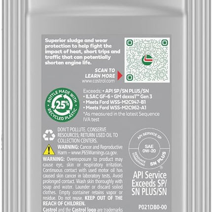 Castrol GTX Full Synthetic 0W-20 Motor Oil, 1 Quart, Pack of 6