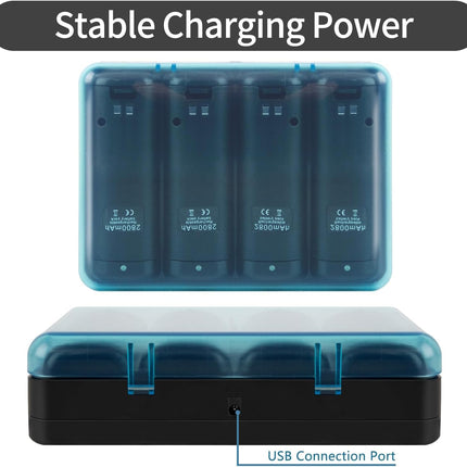 Wii Remote Battery Charger,4 in 1 Charging Station with 4 Pack 2800mAh Rechargeable Battery,USB Cable for Wii/Wii U Remote Controller (Black)