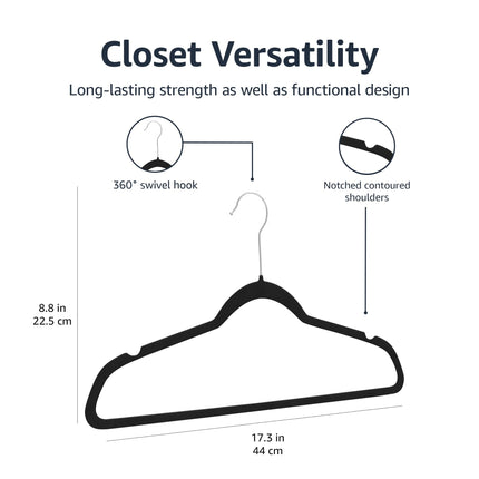 Slim Velvet Non-Slip Space Saving Suit Clothes Hangers, Closet Organizer, Black, 50-Pack