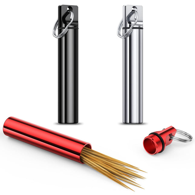 Metal Portable Toothpick Holder Box 3 Pieces, Pocket Waterproof Case Toothpicks Container with Keychain for Outdoor Picnic and Camping travel purse Ear Wax Removal Tool Case Needle Holder cotton swab