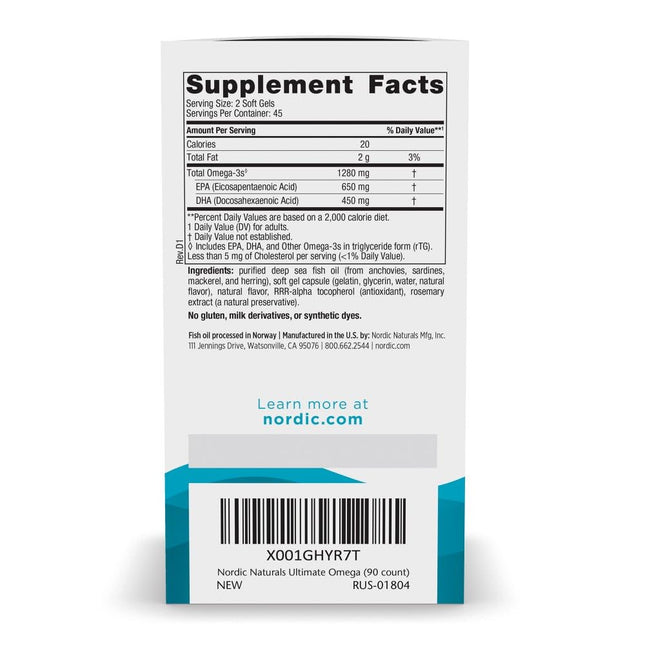 Nordic Naturals Ultimate Omega 1280mg Fish Oil supplement facts and ingredients label