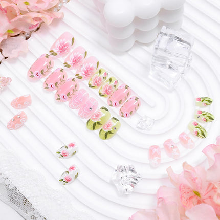 Pink Flower Press on Nails Short Oval Cute Fake Nails with 3D Rhinestone Design Spring Acrylic Nails Butterfly False Nails Summer Glue on Nails Lotus Flower Rose Press ons Artificial Nails Decor 24Pcs