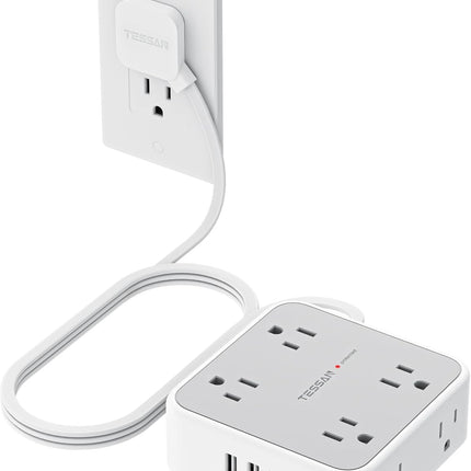 Surge Protector Power Strip, 5 Ft Flat Plug Extension Cord with 3 USB (1 USB C) 8 Outlets, 1250W, 900J Protection, 3 Sided Outlet Extender with Power Switch for Office, Dorm Room Essentials