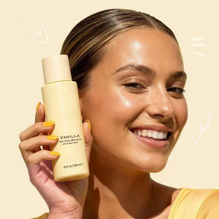 Vanilla On The Beach Hair & Body Mist, Friction Fragrance Tech, Long Lasting Hydrating Body Spray with Coconut Vanilla Amber Scent, Non-Sticky Perfume Mist for Hair & Body, All Skin Types (1)