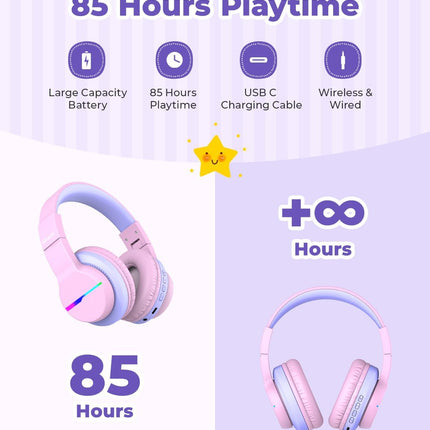 iClever BTH12 Kids Bluetooth Headphones,Colorful LED Lights,74/85dBA Safe Volume,85H Playtime,Bluetooth 5.2,Over Ear Headphones Built-in Mic for iPad/Tablet/Airplane,Blossom Pink