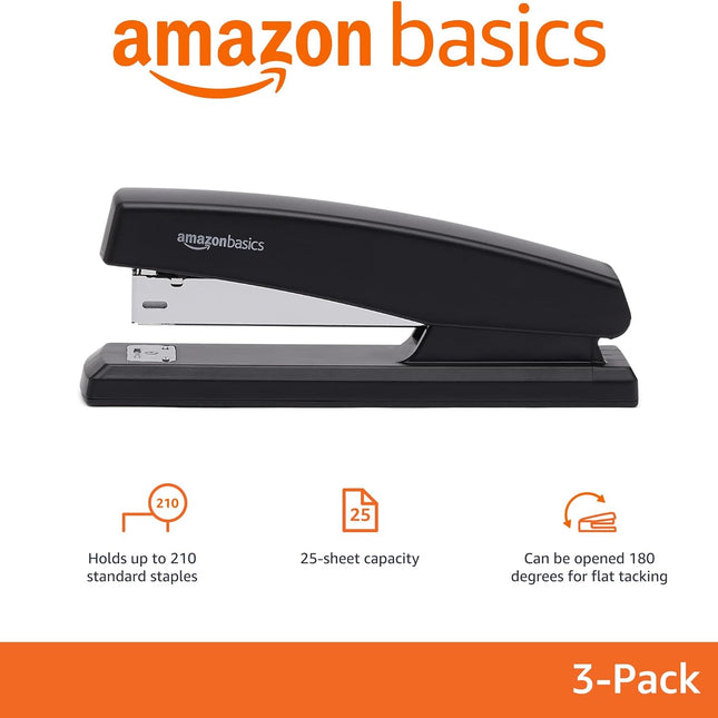 Desktop Office Stapler, 25-Sheet Capacity, Black, 3-Pack with 1000 Staples