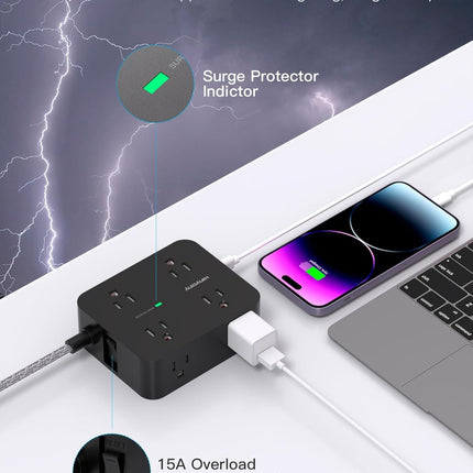 Power Strip Surge Protector, HANYCONY 8 Outlets with 4 USB Charging Ports(2 USB C), 3 Side Outlet Extender with 5 Ft Extension Cord, Flat Plug, Wall Mount, Desk Charging Station for Home Office ETL