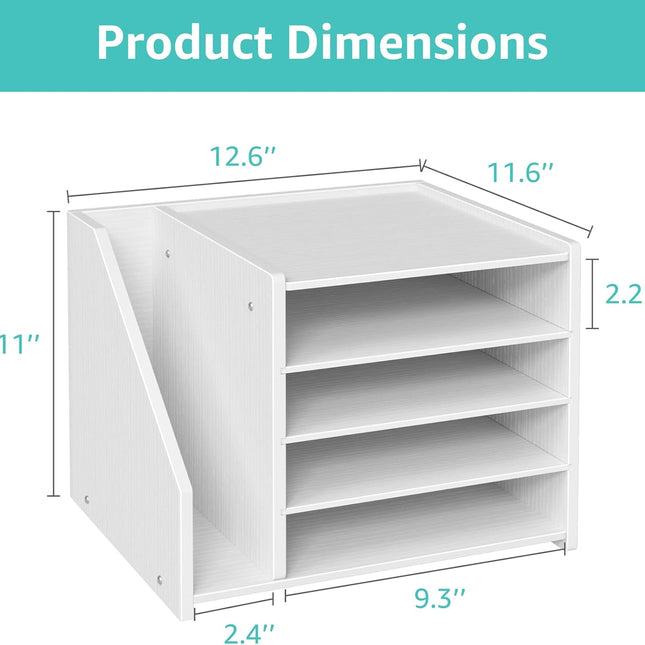 4-Tier White Wood Desk Paper Organizer, Modern Desktop Letter Tray