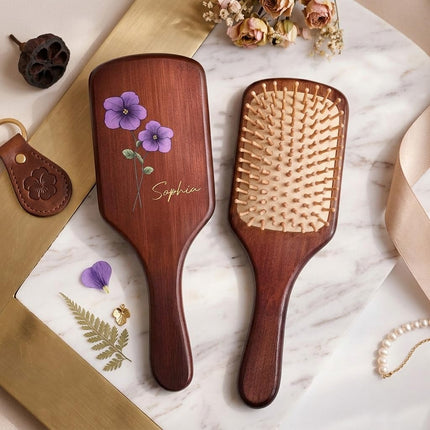 Personalized Birth Month Flower Wooden Hair Brush, Custom Name Wooden Hairbrush for Girl, Bridesmaid Proposal Gift, Mother's Day Present for Mom, Daughter