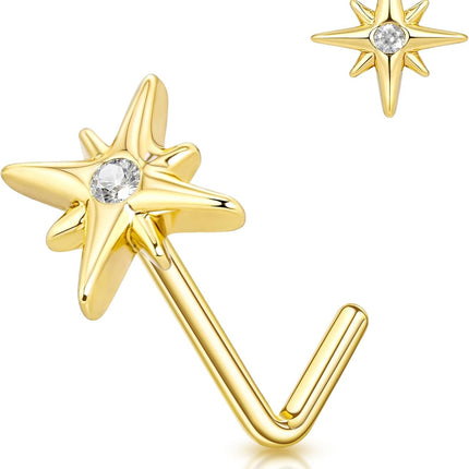 Nose Rings Studs for Women, 20G Gold Silver Nose Studs Hypoallergenic Surgical Steel Nose Ring L Shaped Small Diamond Nose Rings Cute CZ Star Flower Butterfly Nose Stud Nostril Piercing Jewelry