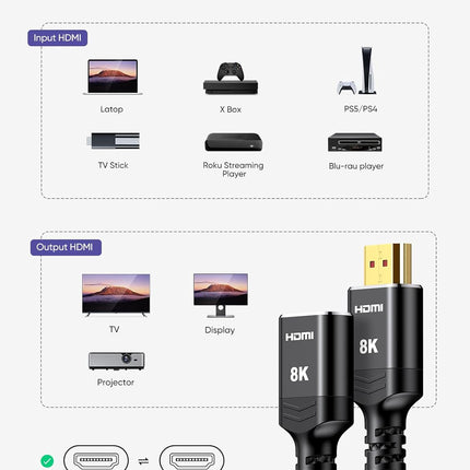 8K 4K HDMI Extender - 0.5FT, Ultra High Speed HDMI Adapter Male to Female, Compatible with PS5, Roku Stick, Blu Ray Player, HDTV, Laptop