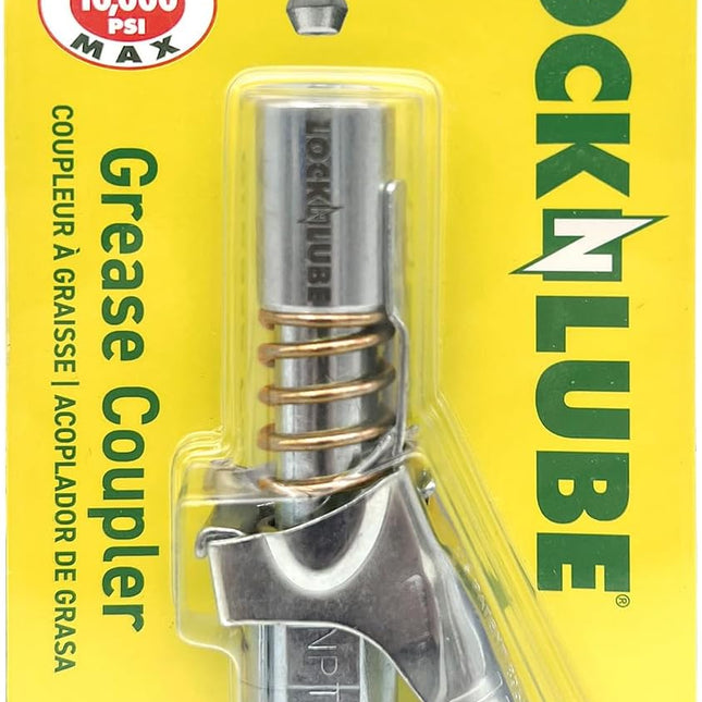Grease Gun Coupler locks onto Zerk fittings. Grease goes in