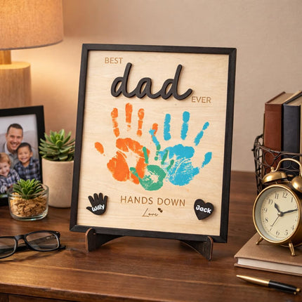 Best Dad Ever Hands Down Sign, Father's Day Wooden DIY Handprint Sign Gifts, Personalized Gift for Dad from Kids, Son, Daughter, Perfect Present for Papa, Daddy, Grandpa, Happy Birthday Gifts