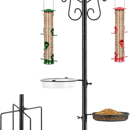 Bird Feeding Station,Heay Duty Bird Feeder Pole with Upgraded Thickened Pole & 5-Prong Base,Hanging Hooks,Mesh Tray,Water Bowl w/Metal Snap Fastening,Wind-Resistant Wild Bird Feeding Kit for Outdoors