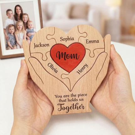 Mom, Mum, Mother You are The Piece that Holds Us Together - Personalized Wooden Family Puzzle, Custom Name Puzzle Sign for Mom Grandma, Mother’s Day Birthday Gift, Family Keepsake Decor