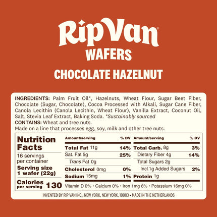 Rip Van Chocolate Hazelnut Wafer Cookies, Keto, Non-GMO, Healthy Snacks, Low Carb & Low Sugar (2g), Low Calorie, Vegan, 16 Count