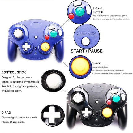 PGYFDAL Wireless Game Cube Controller, 2 Pieces 2.4G Wireless Classic Gamepad with Receiver Adapter for Wii Game Cube NGC GC (Dark Blue and Black)