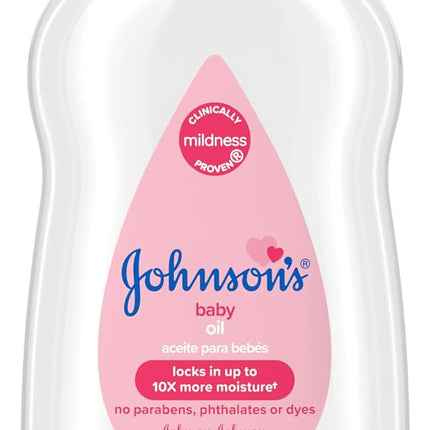 Johnson's Baby Oil, Pure Mineral Oil to Prevent Moisture Loss for Newborn, Kids, & Adults, Gentle, Soothing Baby Massage Oil, Dry Skin Relief, Hypoallergenic, Original Scent, Baby Essentials, 3 fl. oz