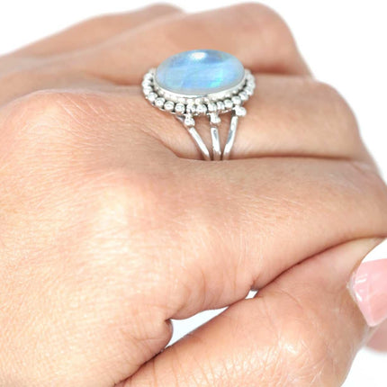 Lapis, Moonstone, Pearl, Crystal Oval Handmade Ring Genuine 925 Sterling Silver Boho Natural Gemstone Jewelry For Women